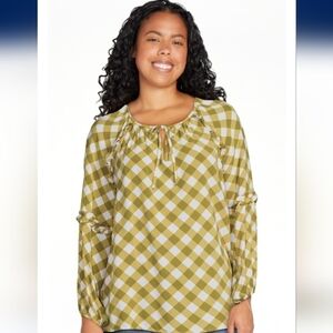The Pioneer Woman Micro Ruffle Green & White Plaid Long Sleeve Blouse Size Large